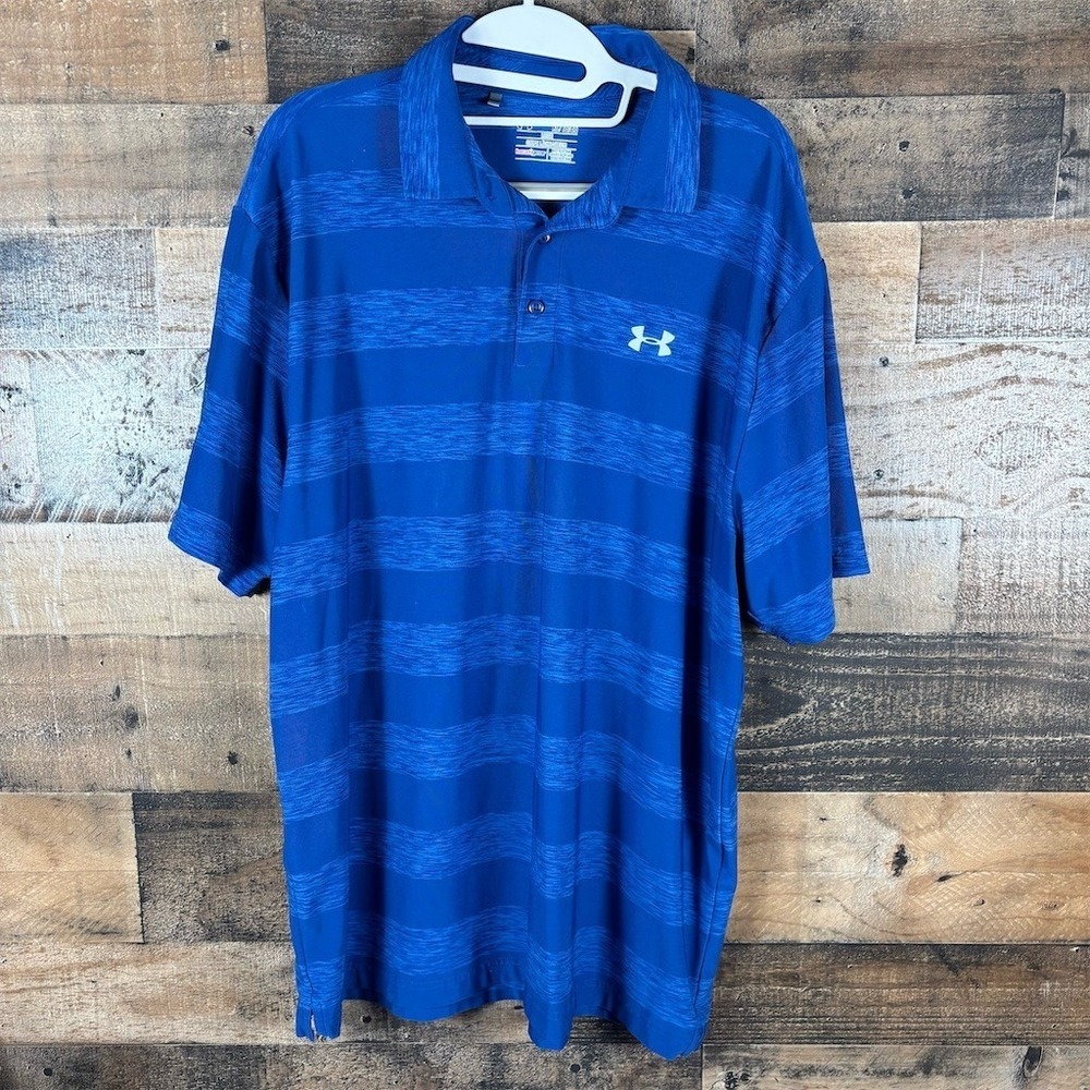 Under Armour HeatGear Polo‎ Shirt Men's XL Blue Striped Golf Short Sleeve